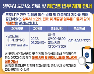 양주시 보건소 진료 및 제증명 업무 재개 안내
/코로나19 관련 감염병 확산 방지 및 대응체계 강화를 위해 중단하였던 양주시 보건소 진료 및 제증명 업무를 다음과 같이 재개함을 알려드립니다.
/기관명 : 양주시 보건소
/재개업무 : 일반진료(내과, 한의과), 제증명 발급 업무
/재개일 : 2022.05.23.(월)~
/운영시간 : 월~금 09:00~18:00 (점심시간 12:00~13:00)
/문의전화 : 031-8082-7770
※ 코로나19 확산방지 및 단계적 정상화를 위해 잠정적으로 관외거주자 이용 제한 (양주시민 및 양주시 사업장 종사자만 이용 가능)
※ 향후 코로나19 감염병 전파상황 및 중앙부처 방역지침에 따라 변경될 수 있음