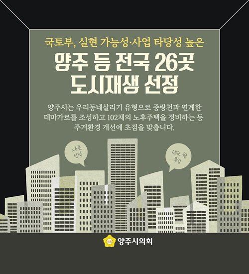 국토부, 실현 가능성·사업 타당성 높은 양주 등 전국 26곳 도시재생 선정
/양주시는 우리동네살리기 유형으로 중랑천과 연계한 테마가로를 조성하고 102채의 노후주택을 정비하는 등 주거환경 개선에 초점을 맞춥니다.