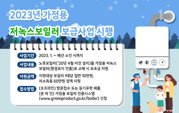 〇 사업기간 : 2023. 1. ~ 예산 소진 시까지

〇 사업내용 : 노후보일러(`20년 4월 이전 설치)를 가정용 저녹스 보일러(환경표지 인증)로

교체 시 보조금 지원

〇 지원금액 : 지원대상 보일러 1대당 일반 10만원, 저소득층 60만원 정액 지원

〇 접수방법

- (오프라인) 방문접수 또는 등기우편 제출

- (온 라 인) 가정용 보일러 인증시스템(www.greenproduct.go.kr/boiler) 신청