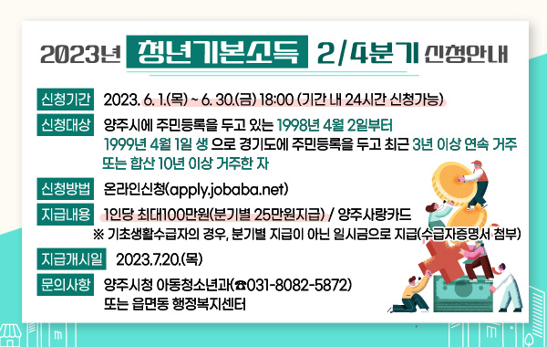 2023년 청년기본소득 2/4분기 신청안내
/신청기간 : 2023.6.1.(목) ~ 6.30.(금) 18:00 (기간 내 24시간 신청가능)
/신청대상 : 양주시에 주민등록을 두고 있는 1998년 4월 2일부터 1999년 4월 1일 생 으로 경기도에 주민등록을 두고 최근 3년 이상 연속 거주 또는 합산 10년 이상 거주한 자
/신청방법 : 온라인신청(apply.jobaba.net)
/지급내용 : 1인당 최대100만원(분기별 25만원지급) / 양주사랑카드
/※ 기초생활수급자의 경우, 분기별 지급이 아닌 일시금으로 지급(수급자증명서 첨부)
/지급개시일 : 2023.7.20.(목)
/문의사항 : 양주시청 아동청소년과(☎031-8082-5872) 또는 읍면동 행정복지센터
/자세히보기