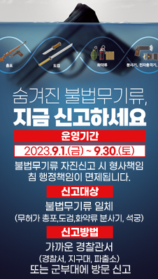 숨겨진 불법무기류, 지금 신고하세요
/운영기간 : 2023.9.1.(금) - 9.30.(토)
/불법무기류 자진신고 시 형사책임 및 행정책임이 면제됩니다.
/신고대상 : 불법무기류 일체(무허가 총포, 도검, 화약류 분사기, 석궁)
/신고방법 : 가까운 경찰관서(경찰서, 지구대, 파출소) 또는 군부대에 방문 신고