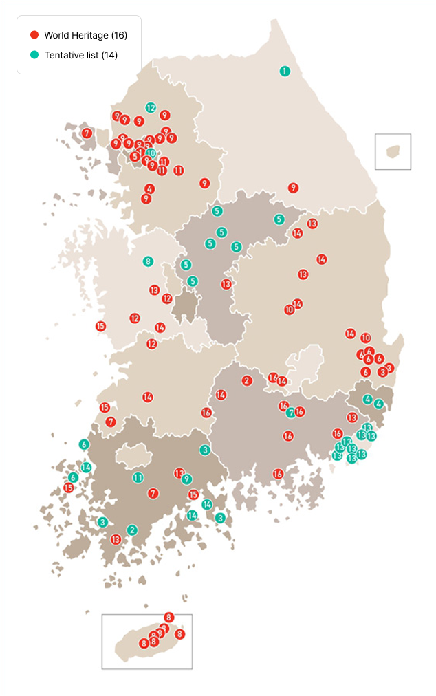 World Heritage and Tentative List Map of Korea