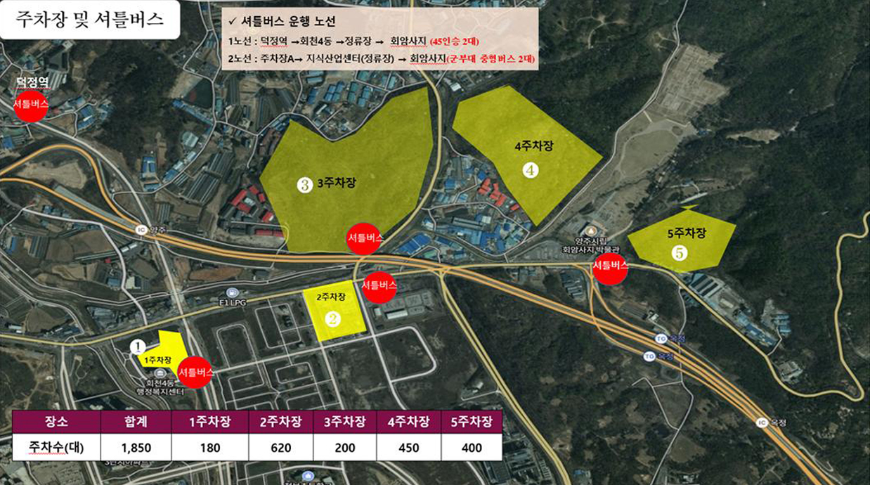 주차장 및 셔틀버스 지도 / 셔틀버스 운행 노선 : 1노선 덕정역 → 회천4동 → 정류장 → 회암사지(45인승 2대) / 2노선 주차장A → 지식산업센터(정류장) → 회암사지(군부대 중형버스 2대) / 주차수(대) 총 1,850대, 1주차장:180대, 2주차장:620대, 3주차장:200대, 4주차장:450, 5주차장:400대