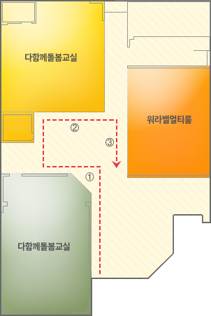 1층 주요시설 배치도 - 왼쪽 상단부터 장남감대여실, 수유실, 부육실이 있고, 오른쪽엔 맘스카페가 있습니다.
