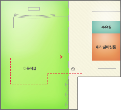 4층 주요시설 배치도 - 다목적실, 수유실, 워라밸미팅룸이 있습니다.