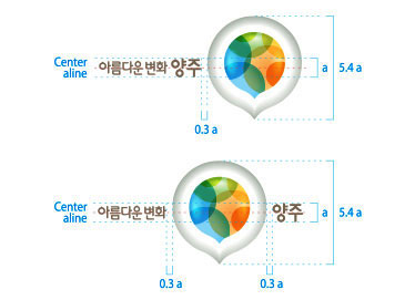 국문 가로조합 이미지이며  2가지 타입이 있는데 하나는 아름다운변화 양주 글자가 왼쪽, 로고이미지가 오른쪽으로 중앙 가로정렬 되어 있는 것과 아름다운변화와 양주사이에 로고이미지가 중앙 가로정렬되어 있는 것으로 양주 텍스트의 높이가 A라면 로고이미지의 높이는 5.4A이며 텍스트와 로고이미지 사이는 0.3a의 크기로 떨어져있습니다.