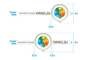 영문 가로조합 이미지이며  2가지 타입이 있는데 하나는 beatiful change YANGJU 글자가 왼쪽, 로고이미지가 오른쪽으로 중앙 가로정렬 되어 있는 것과 Beatiful change 와 YANGJU사이에 로고이미지가 중앙 가로정렬되어 있는 것으로 YANGJU 텍스트의 높이가 A라면 로고이미지의 높이는 6A이며 텍스트와 로고이미지 사이는 0.3a의 크기로 떨어져있습니다.