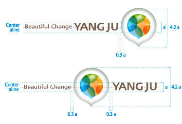 영문 로고타입 강조형 가로조합 이미지이며 2가지 타입이 있는데 하나는 beatiful change YANGJU 글자가 왼쪽, 로고이미지가 오른쪽으로 중앙 가로정렬 되어 있는 것과 Beatiful change 와 YANGJU사이에 로고이미지가 중앙 가로정렬되어 있는 것으로 YANGJU 텍스트의 높이가 A라면 로고이미지의 높이는 4.2A이며 텍스트와 로고이미지 사이는 0.3a의 크기로 떨어져있습니다.