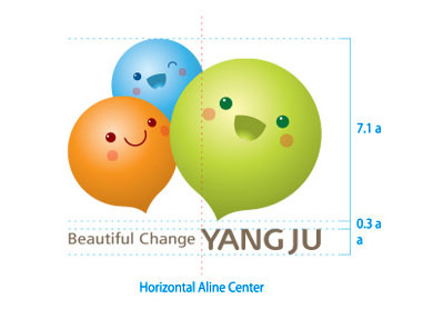 영문 기본형 세로조합 이미지이며 캐릭터 이미지와 Beautiful Change YANGJU가 세로 중앙 정렬 되어 있으며 Beautiful Change YANGJU 글자크기를 a라고 한다면 캐릭터 이미지는7.1a, 캐릭터 이미지와 텍스트 사이의 간격을 0.3a로 표현한다.