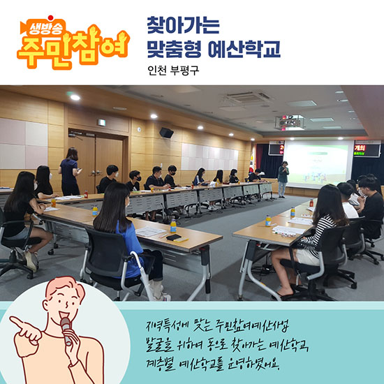 찾아가는 맞춤형 예산학교 - 인천 부평구 : 지역특성에 맞는 주민참여예산사업 발굴을 위하여 동으로 찾아가는 예산학교, 계층별 예산학교를 운영하였어요.