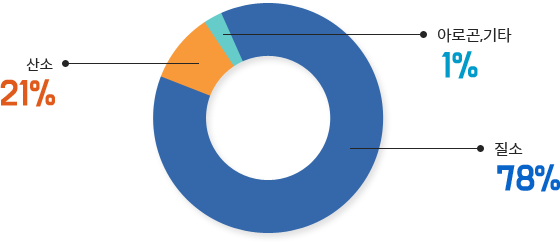 공기의 성분 : 질소78%, 산소21%, 아르곤, 기타1%